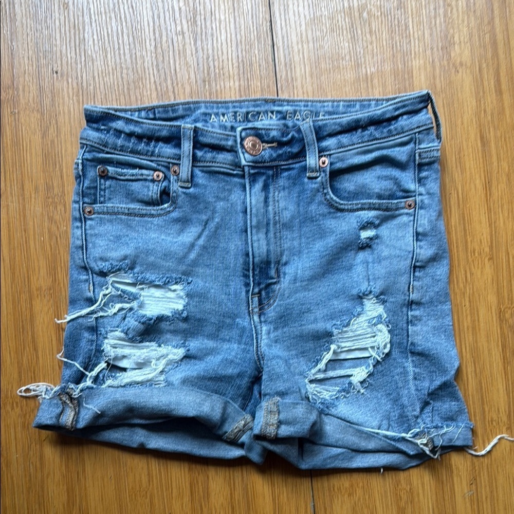 American Eagle Outfitters Women's distressed Blue Jean Shorts hi rise midi - 6